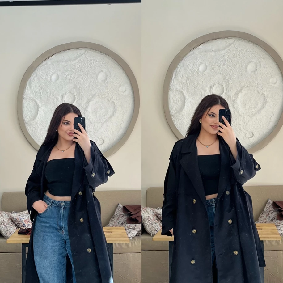 Premium uzun trençkot siyah