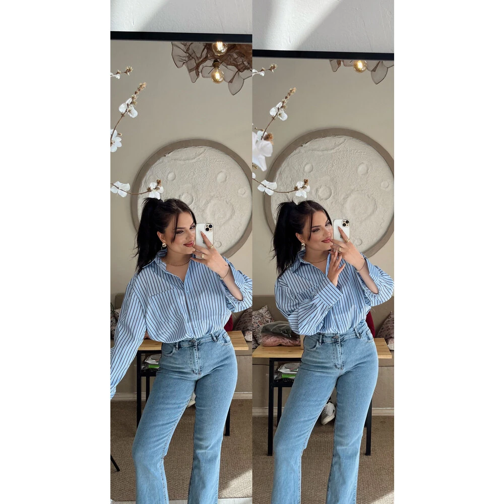 Çizgili premium gömlek mavi