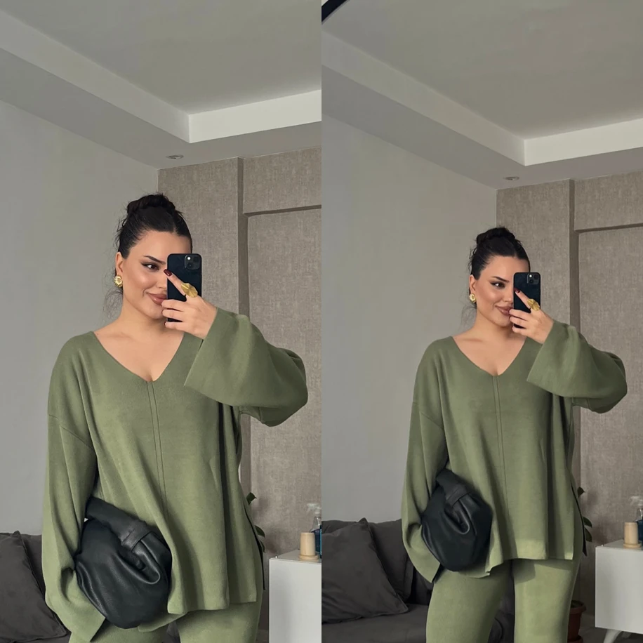 V yaka triko ikili takım yeşil