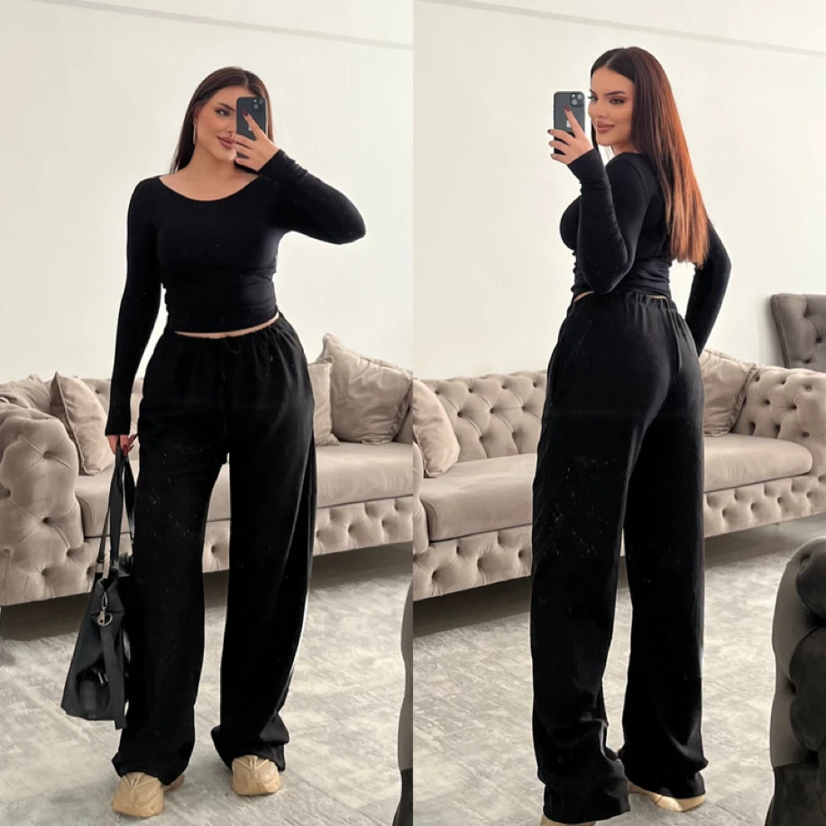 ince kemerli fitilli eşofman altı siyah