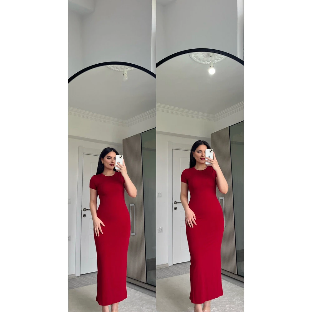 Kırmızı kısa kol uzun elbise