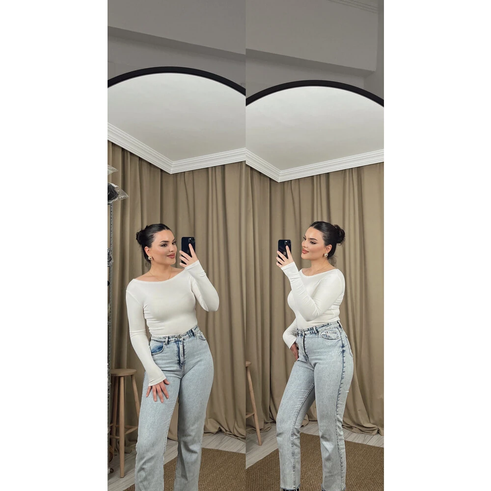 Kayık yaka oys uzun kol body ekru