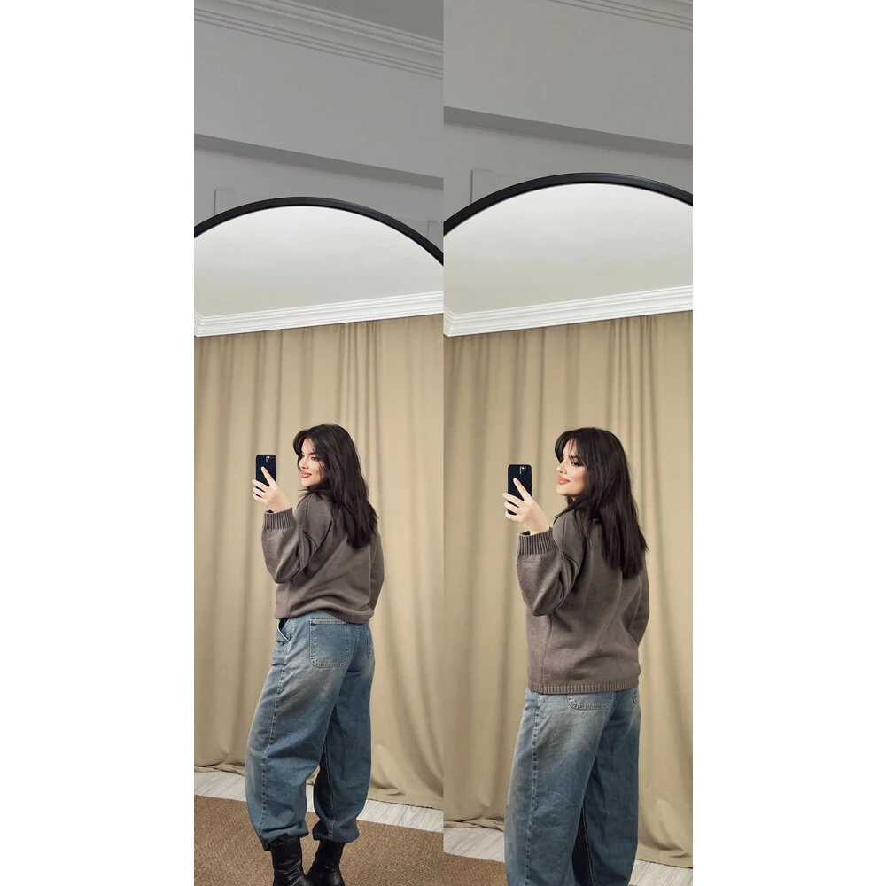 Düğmeli kruvaze yaka hırka kahverengi