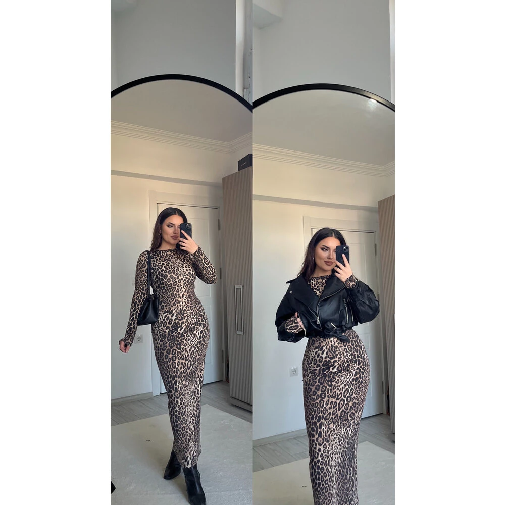 Leopar desen maxi elbise