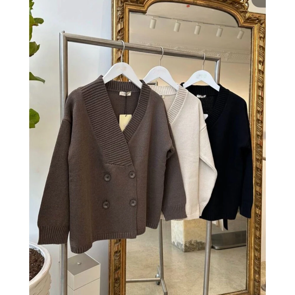 Düğmeli kruvaze yaka hırka kahverengi