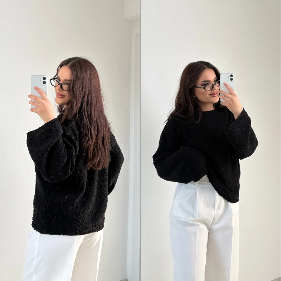 Kabartmalı triko kazak siyah