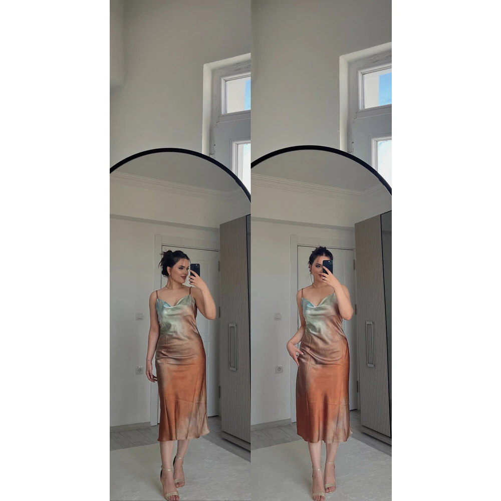 İnce askılı desenli saten elbise