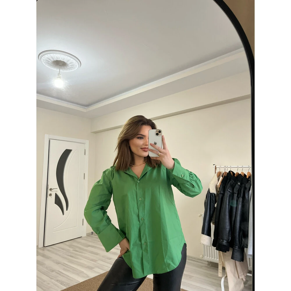 Büzgülü poplin gömlek yeşil