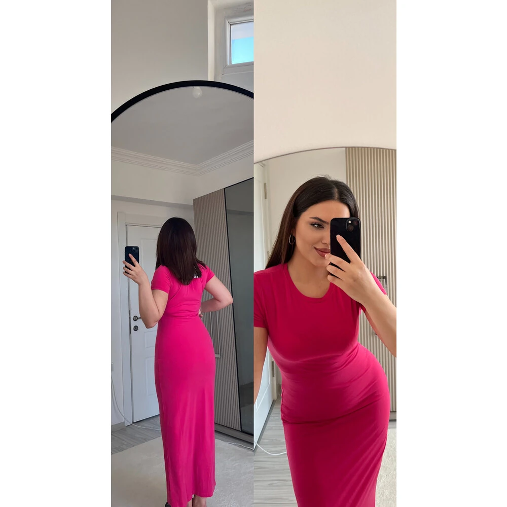 Pembe kısa kol uzun elbise