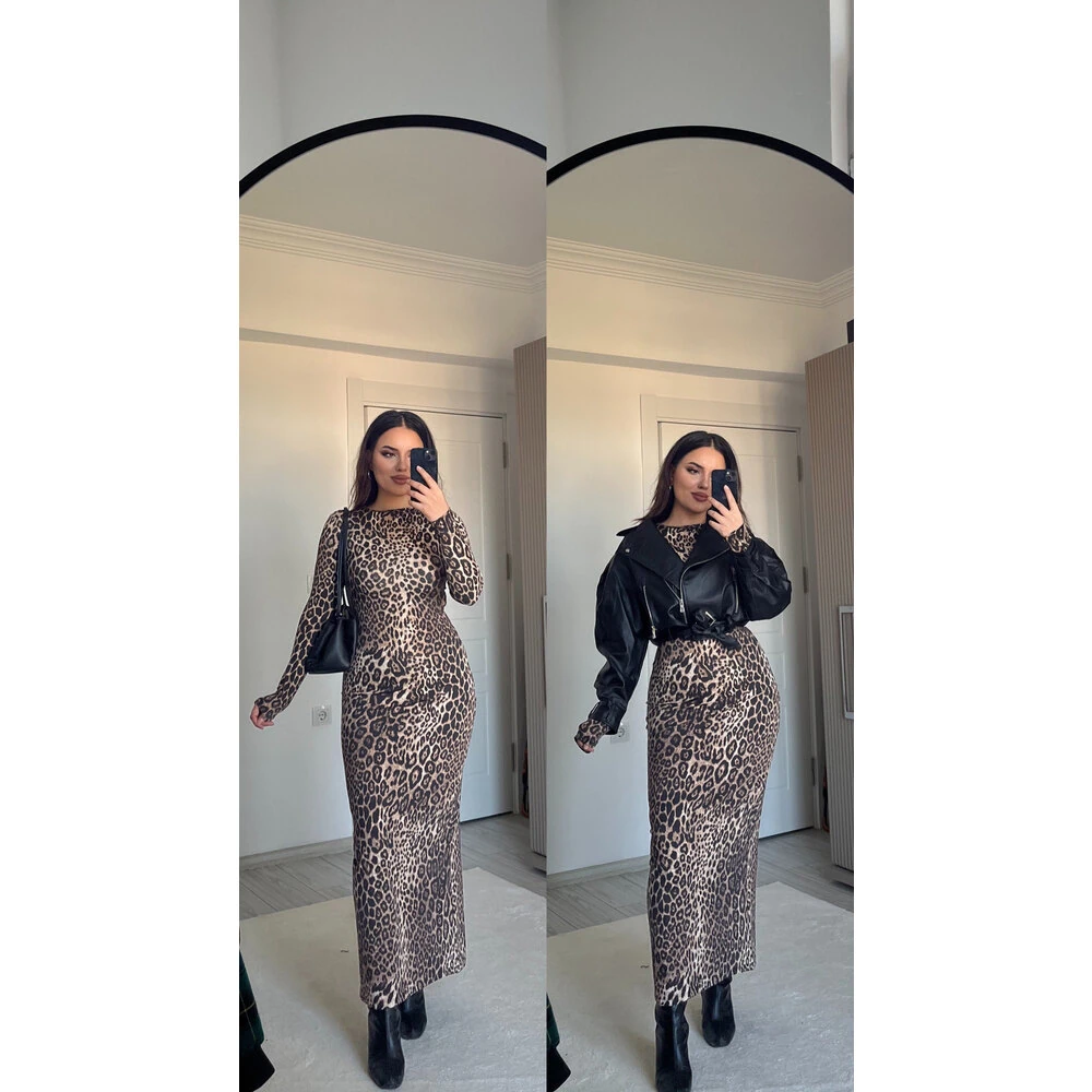 Leopar desen maxi elbise