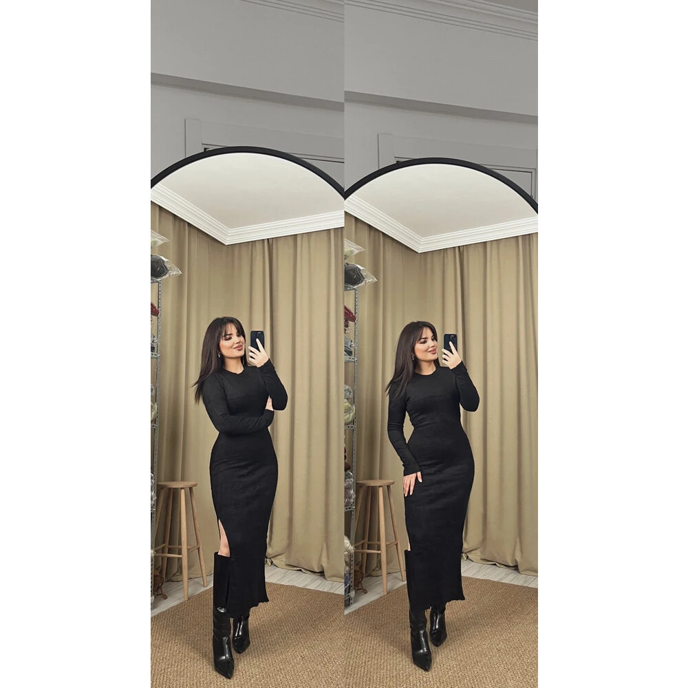 Bisiklet yaka yandan yırtmaçlı triko elbise siyah