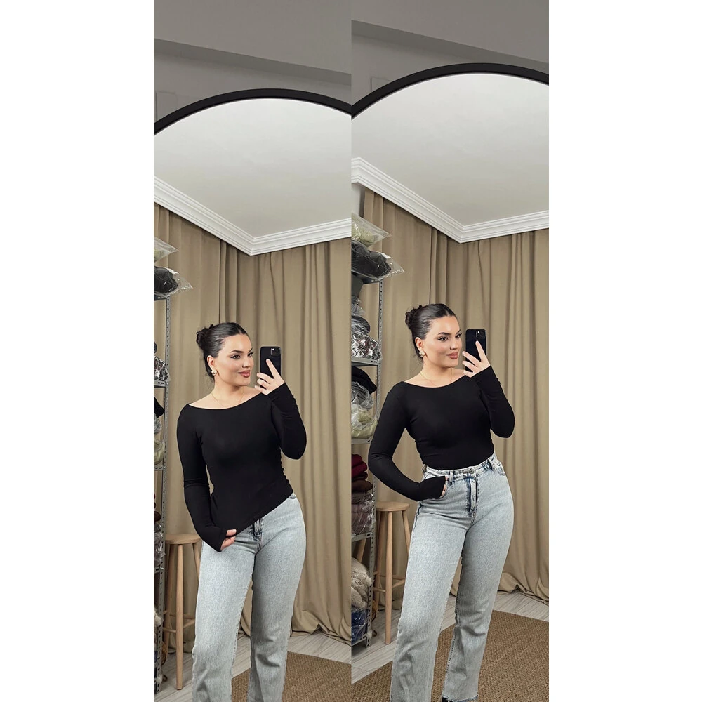 Kayık yaka oys uzun kol body siyah