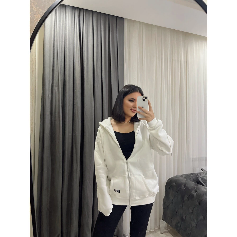 fermuarlı uzun oversize sweat beyaz