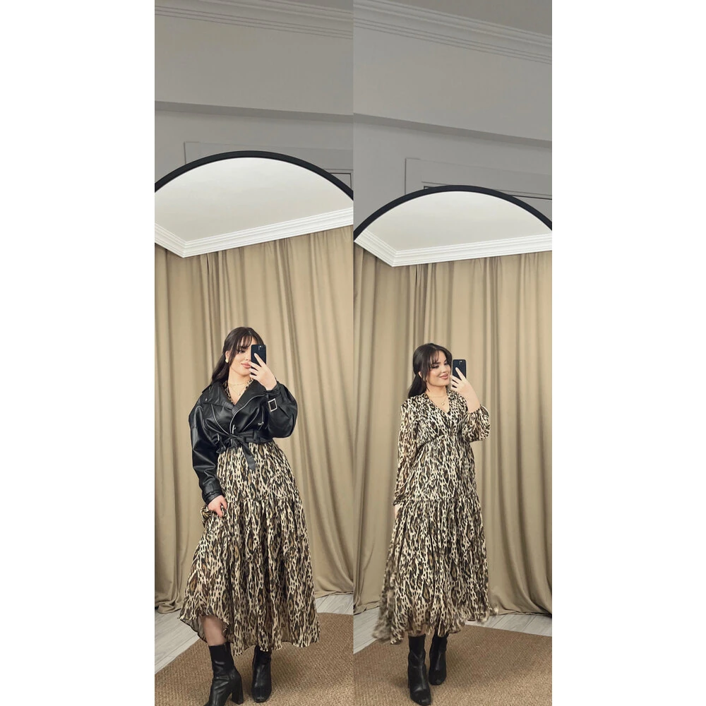 V yaka şifon leopar elbise