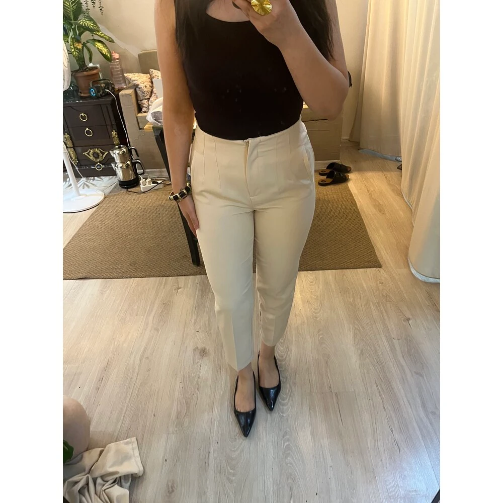 Zara model yüksek bel kumaş pantolon krem
