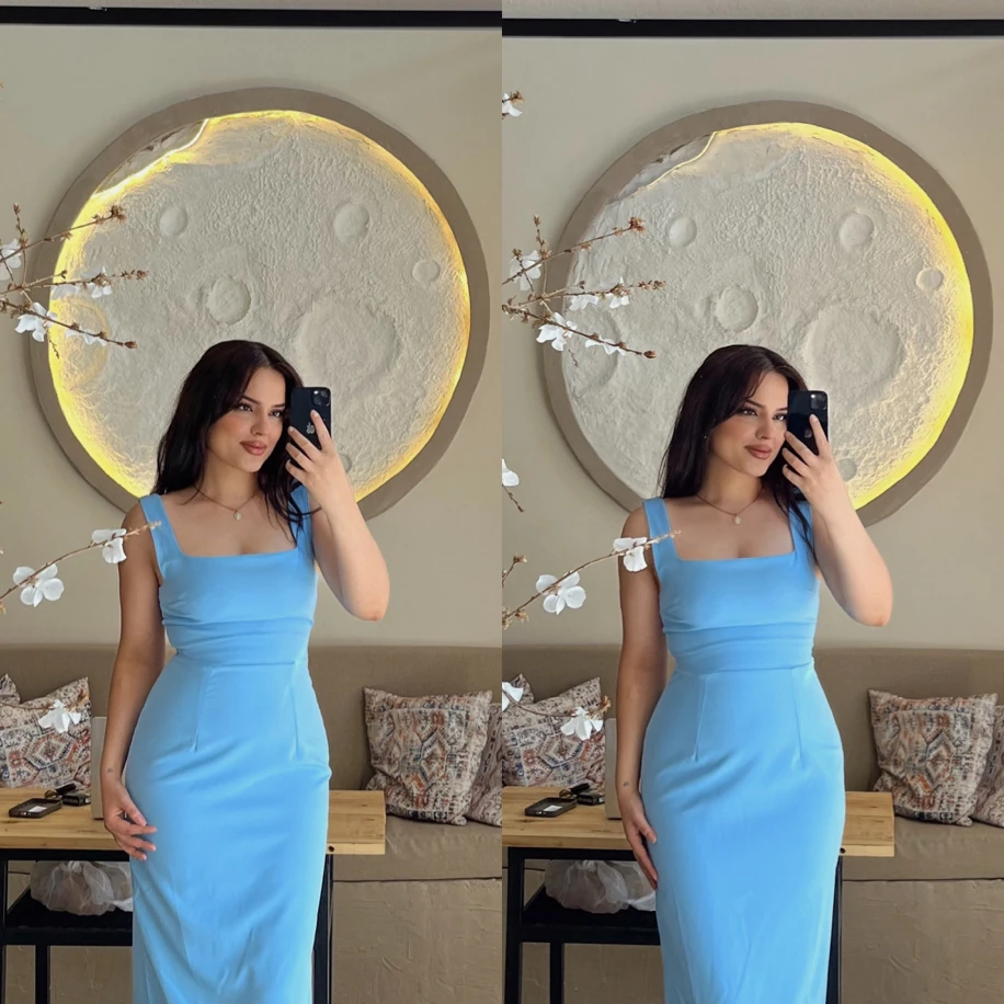 Bebe mavisi kare yaka kalın askılı kalem elbise