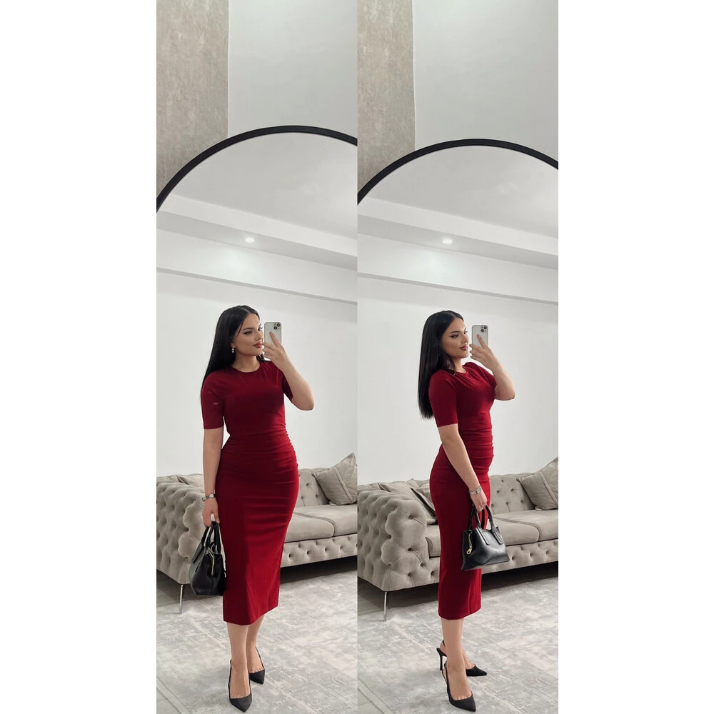 Kısa kol büzgü detay elbise bordo