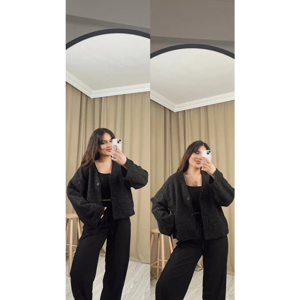 Buklet kaşe yün ceket siyah