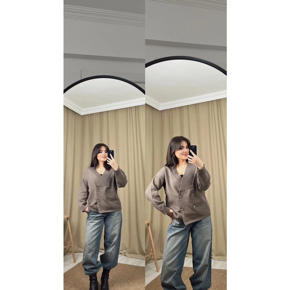 Düğmeli kruvaze yaka hırka kahverengi