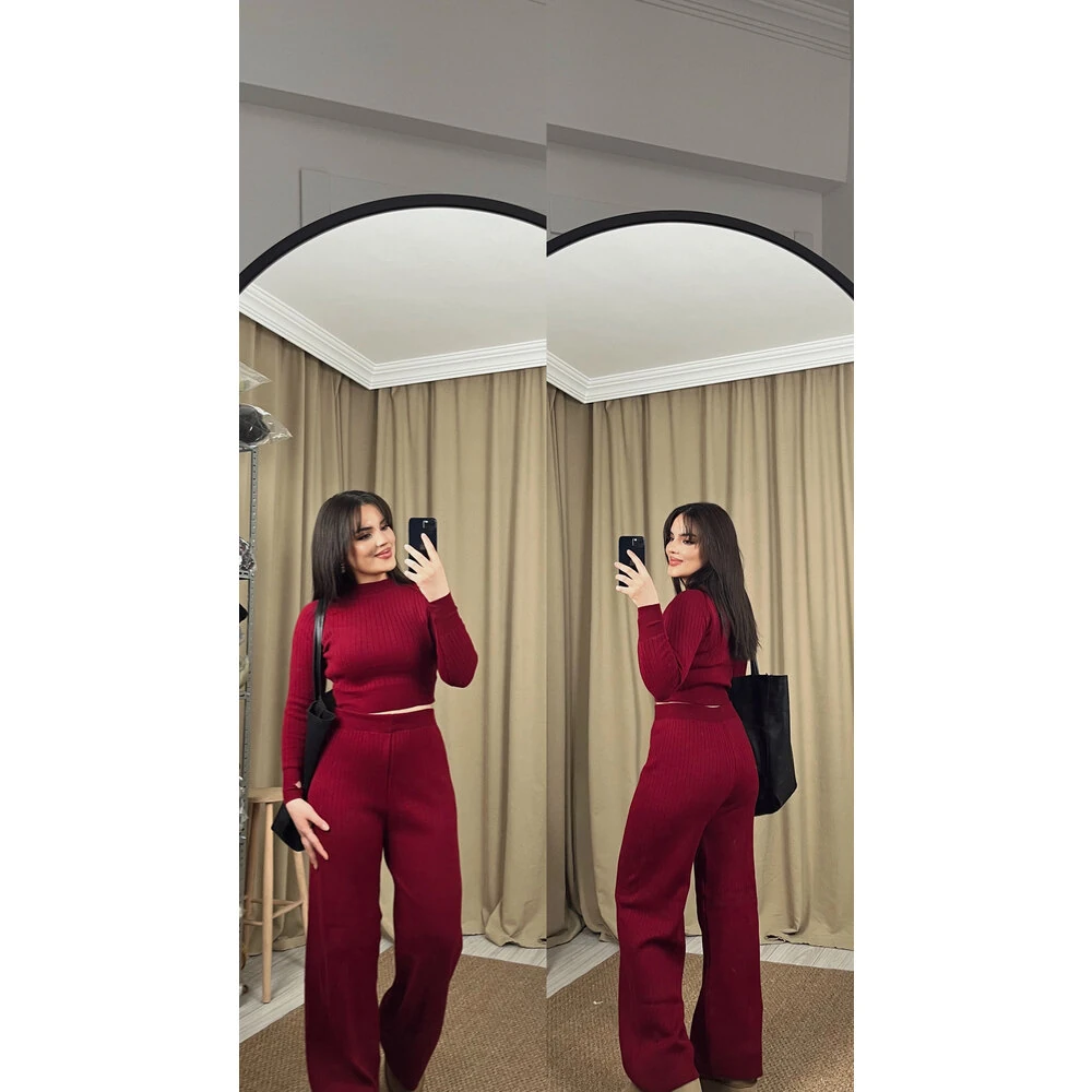 Triko parmak geçirmeli takım bordo