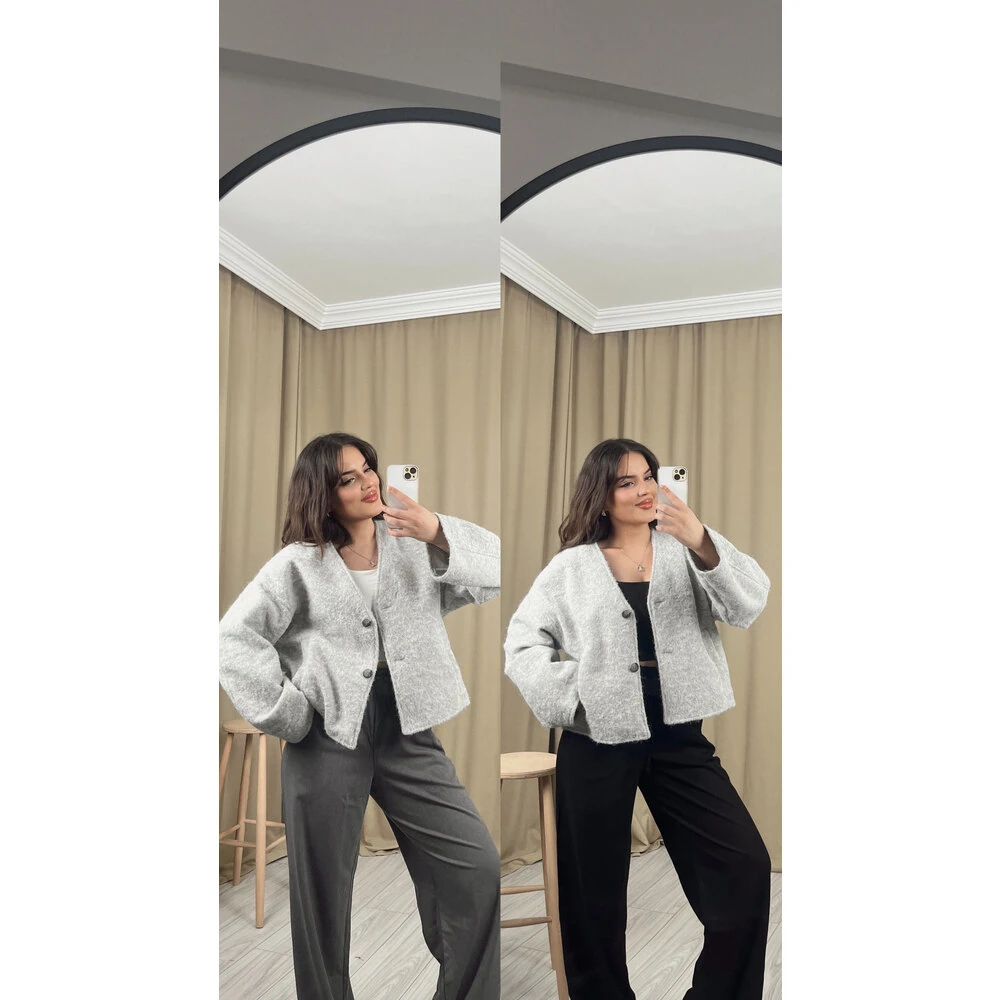 Buklet kaşe yün ceket gri