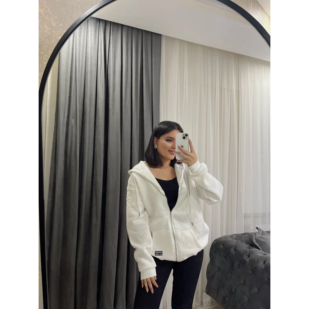 fermuarlı uzun oversize sweat beyaz