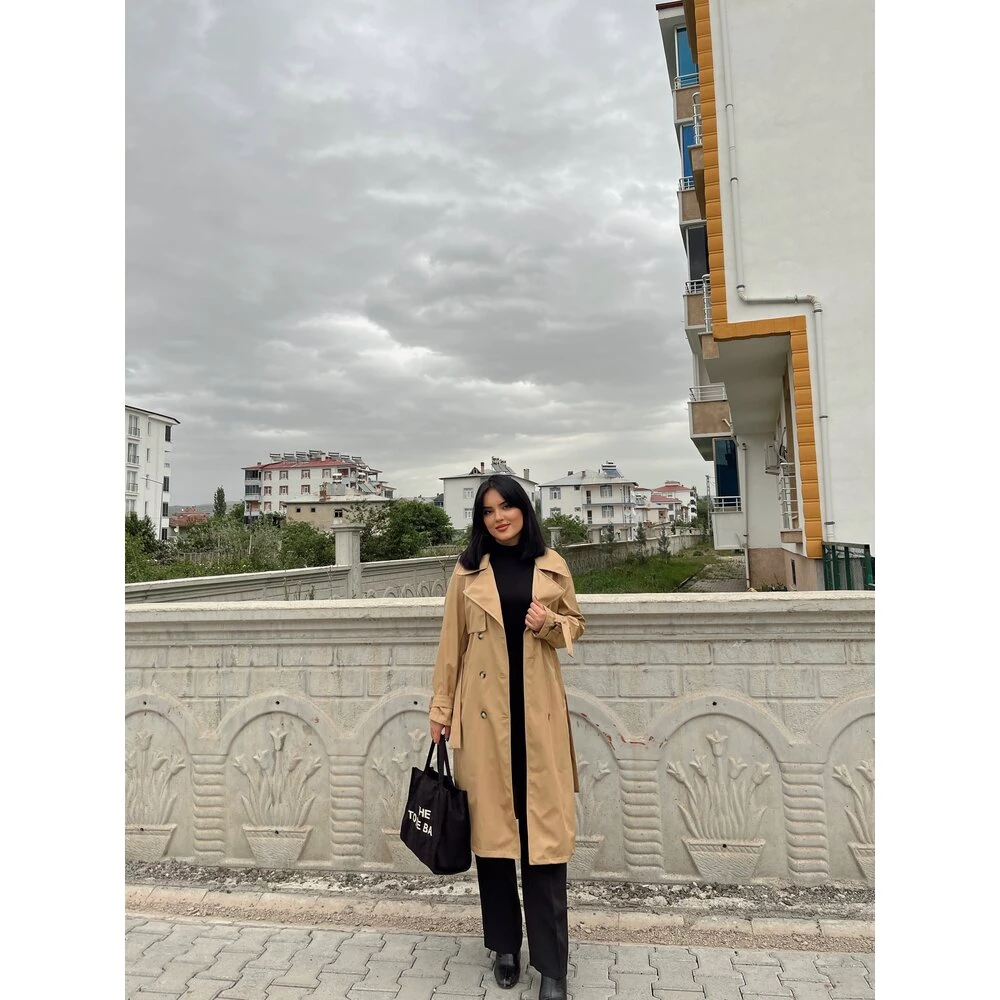astarlı uzun trençkot camel