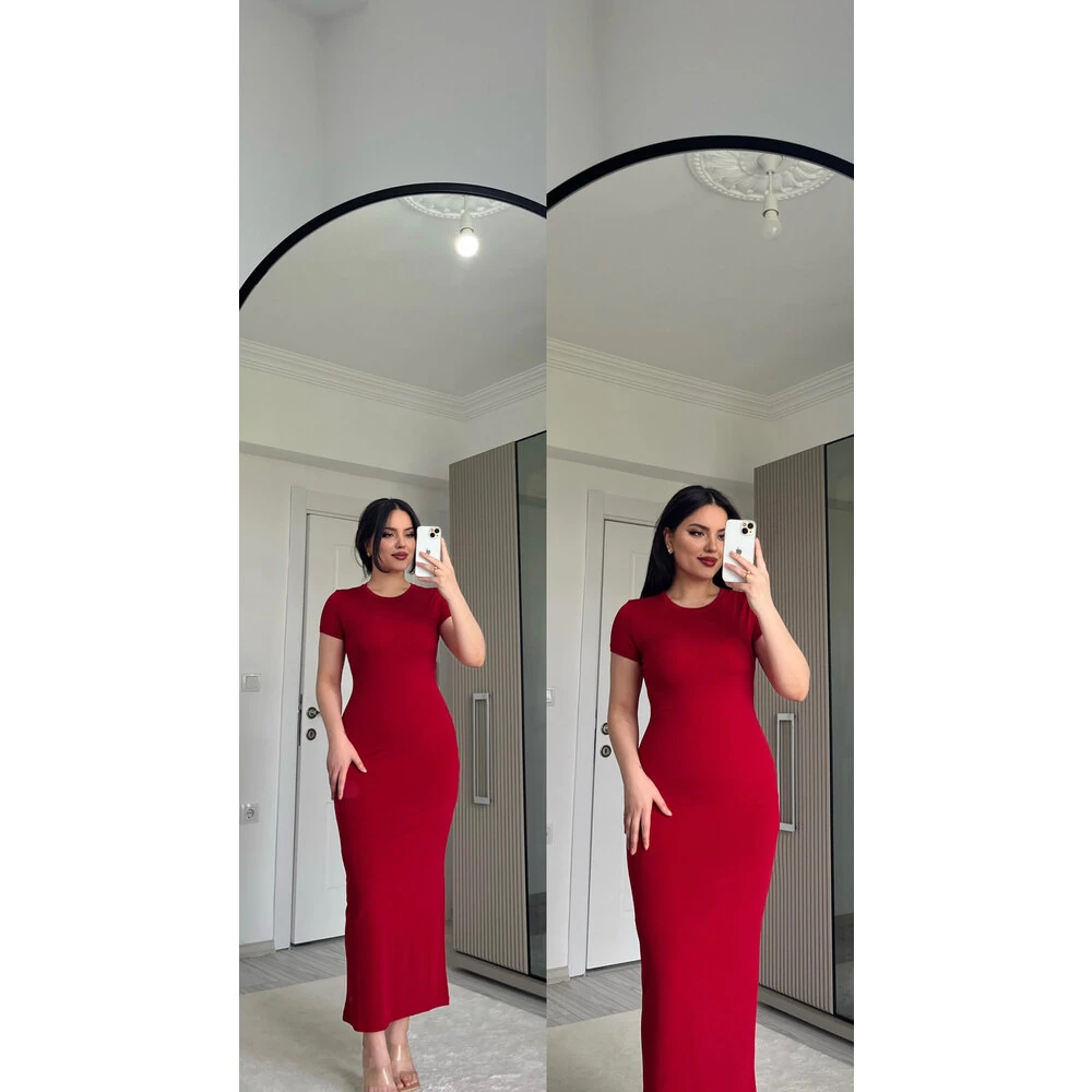 Kırmızı kısa kol uzun elbise