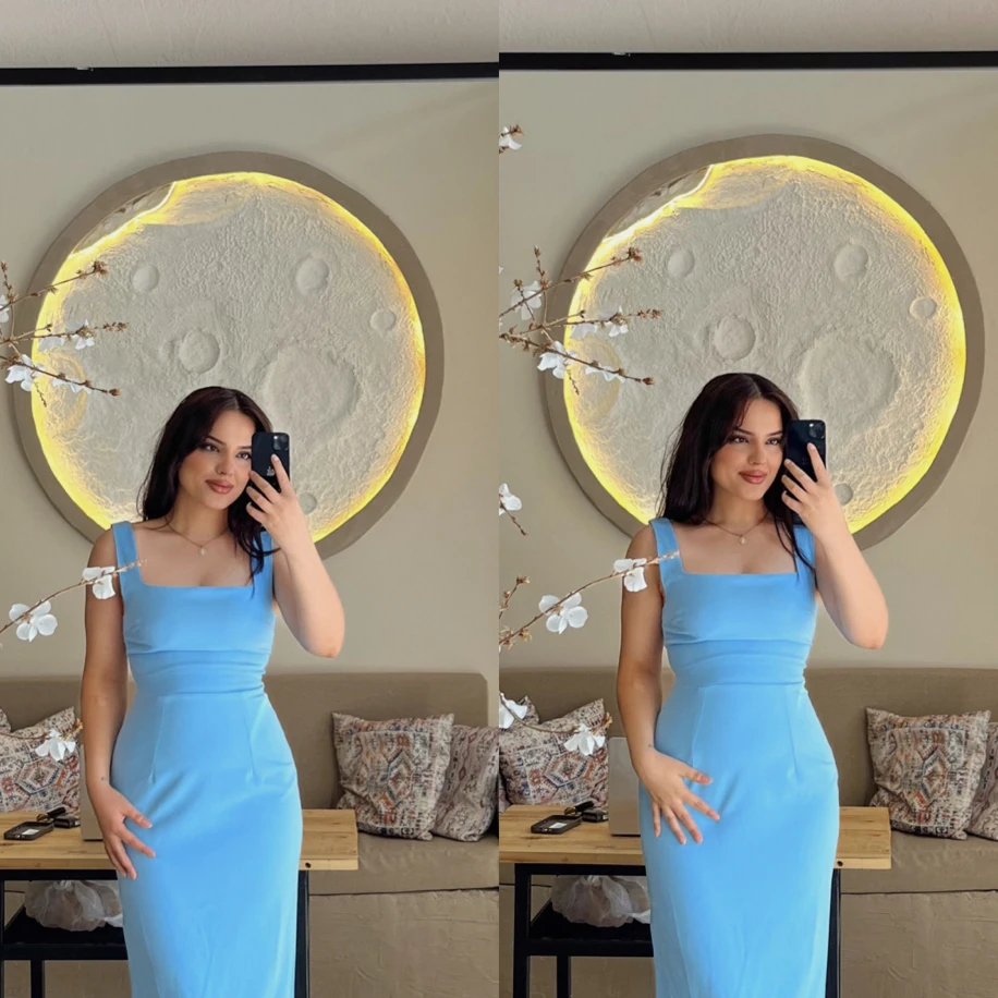 Bebe mavisi kare yaka kalın askılı kalem elbise