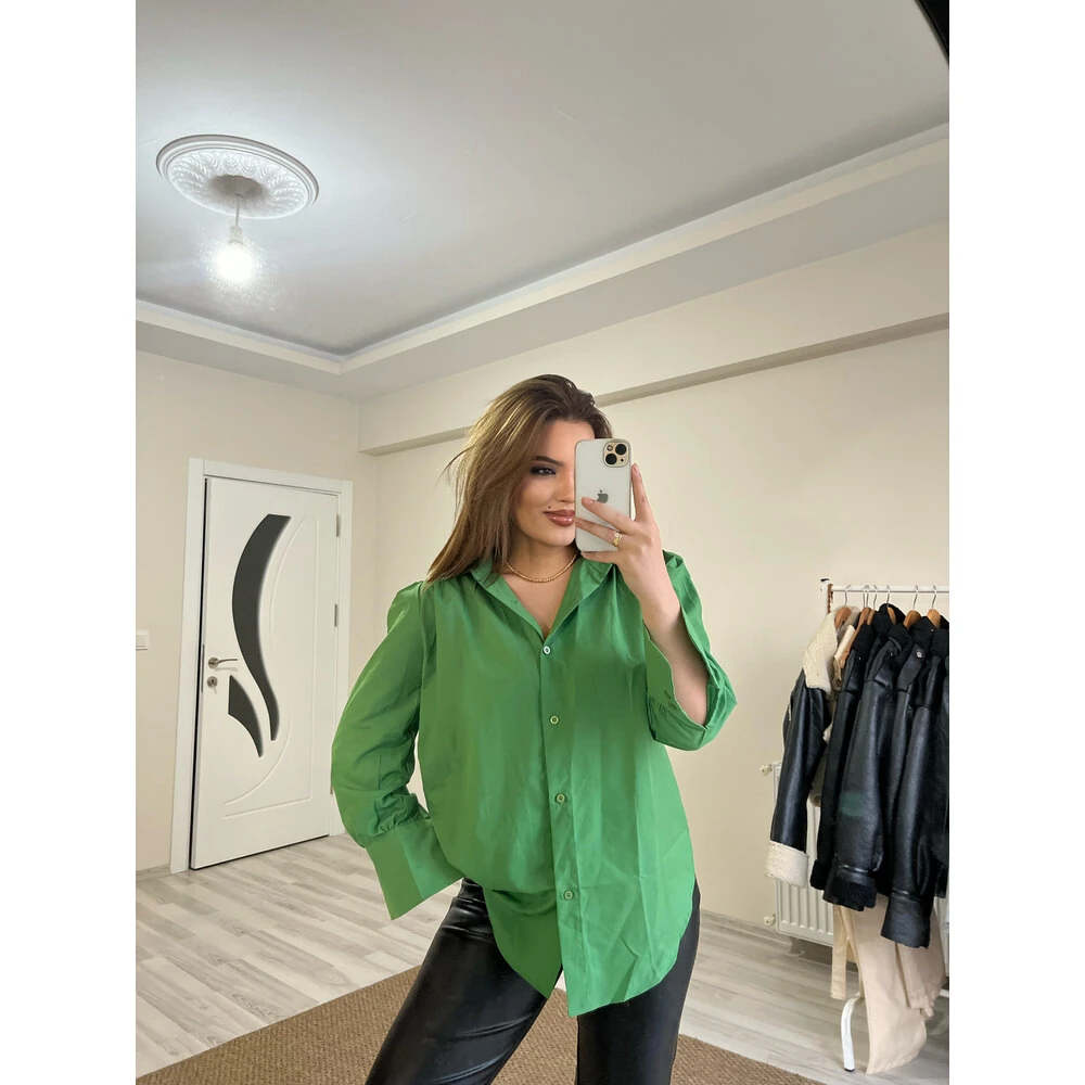 Büzgülü poplin gömlek yeşil