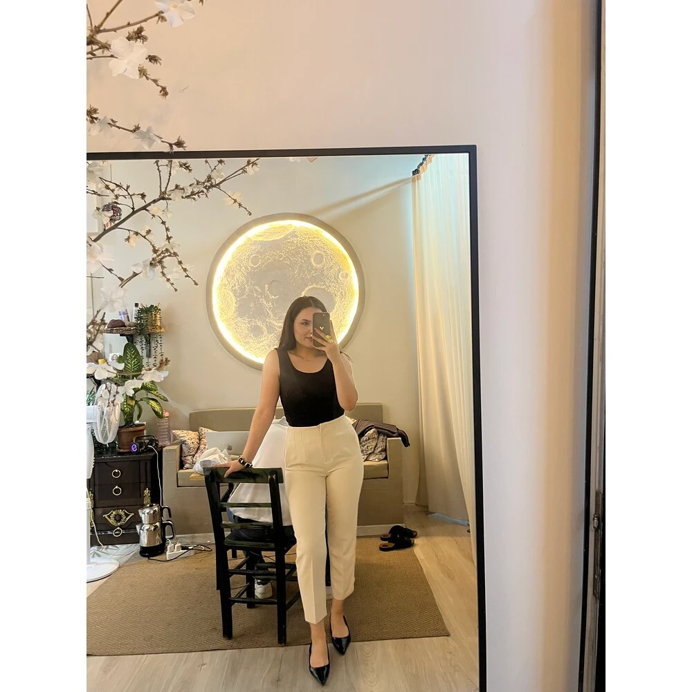 Zara model yüksek bel kumaş pantolon krem