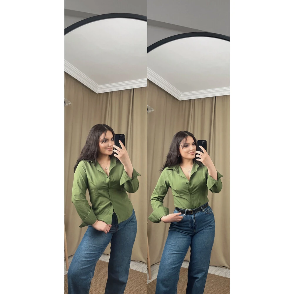 Basic belden oturtmalı gömlek yeşil