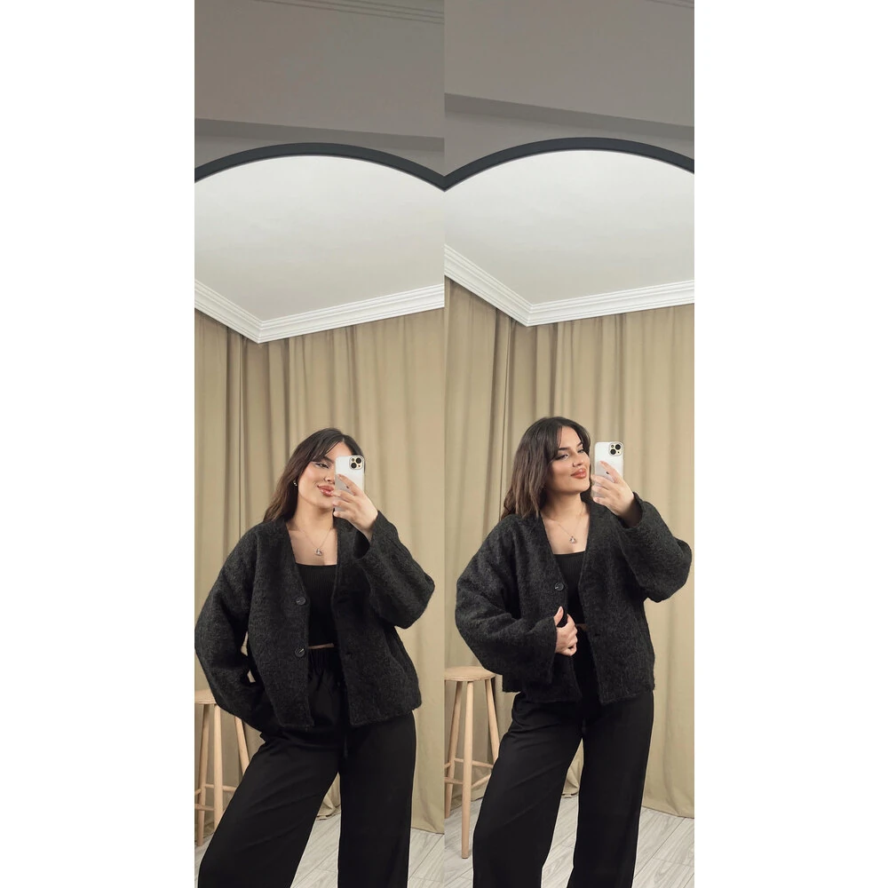 Buklet kaşe yün ceket siyah