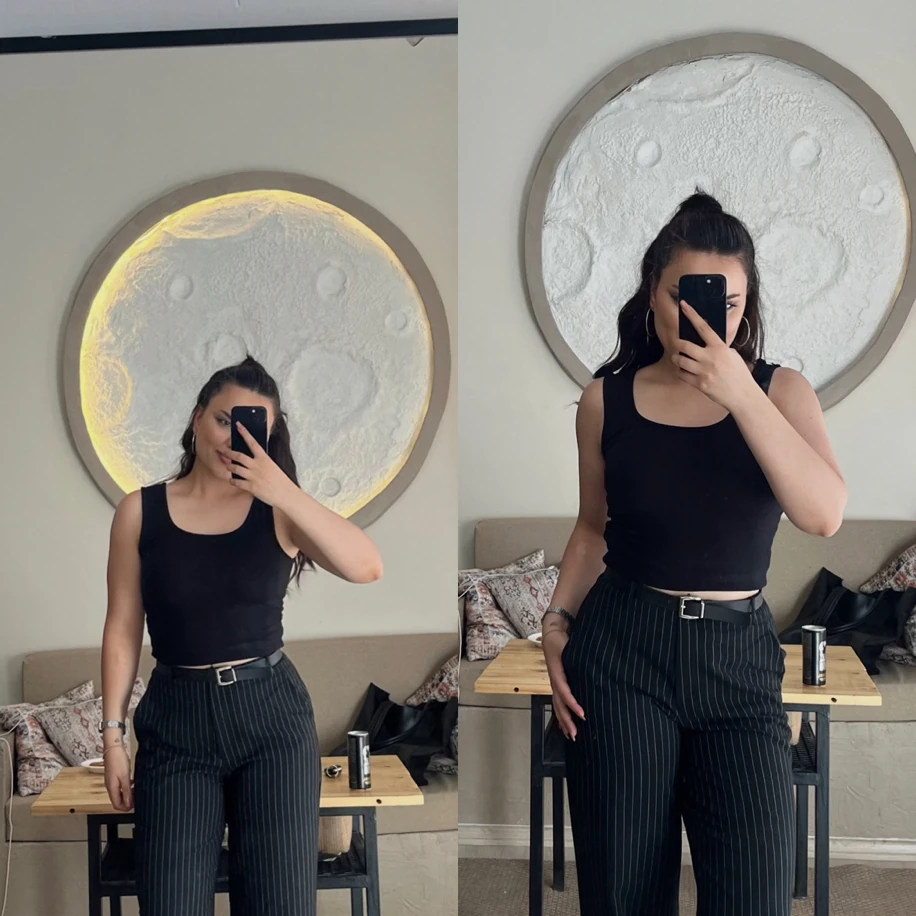 Kemerli çizgili palazzo pantolon siyah