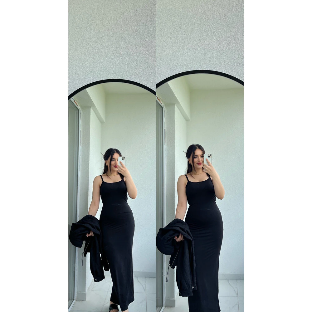 Basıc askılı uzun elbise siyah