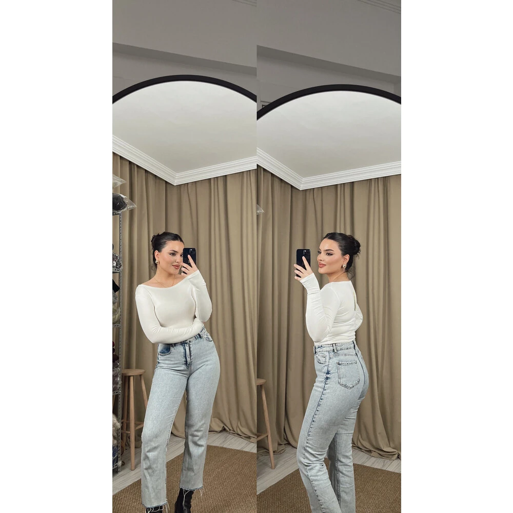 Kayık yaka oys uzun kol body ekru