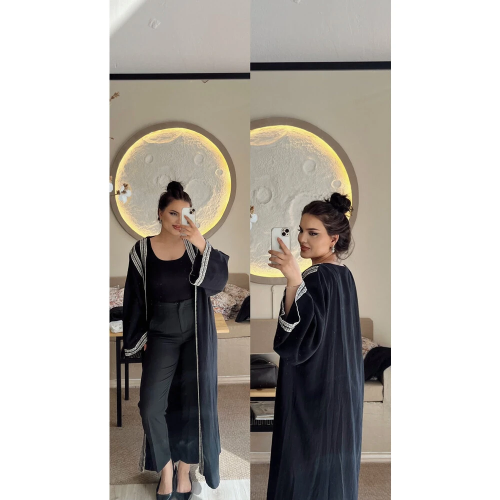 Keten uzun kimono siyah