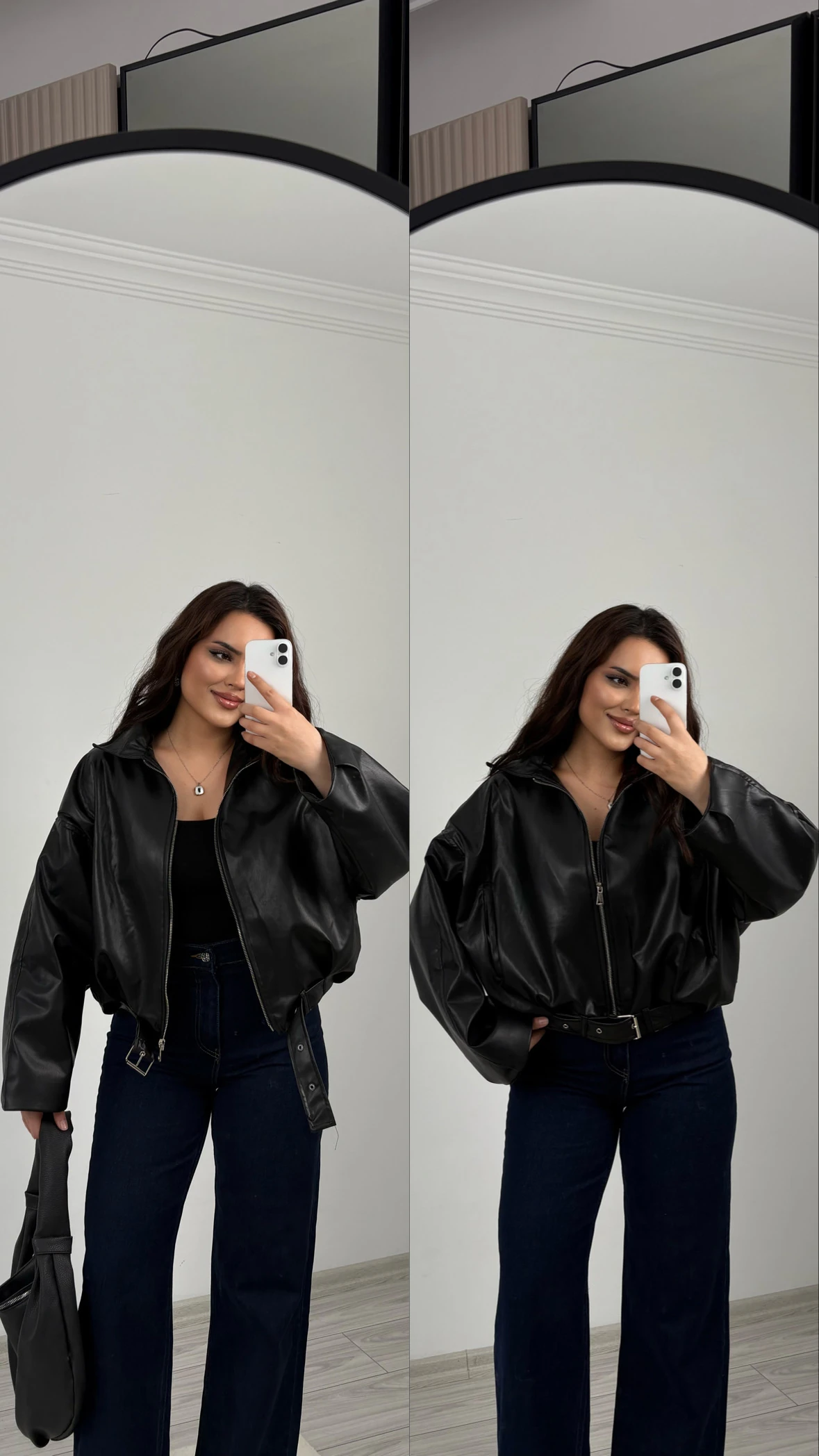 kemerli deri ceket siyah