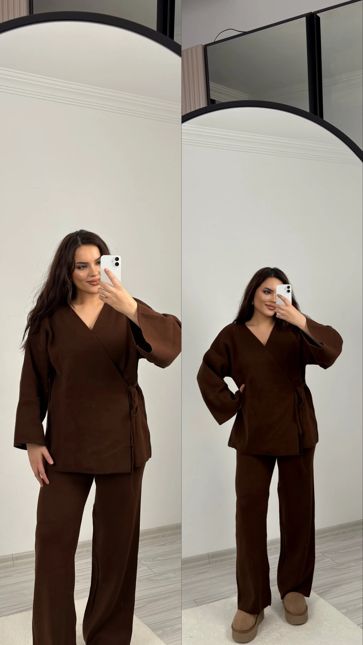 bağlamalı triko takım kahverengi