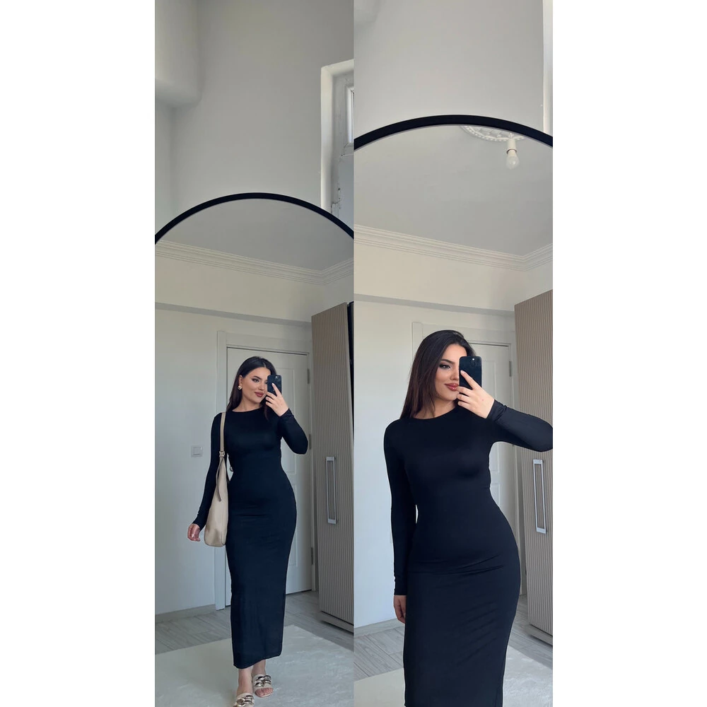 Siyah uzun kol maxi elbise