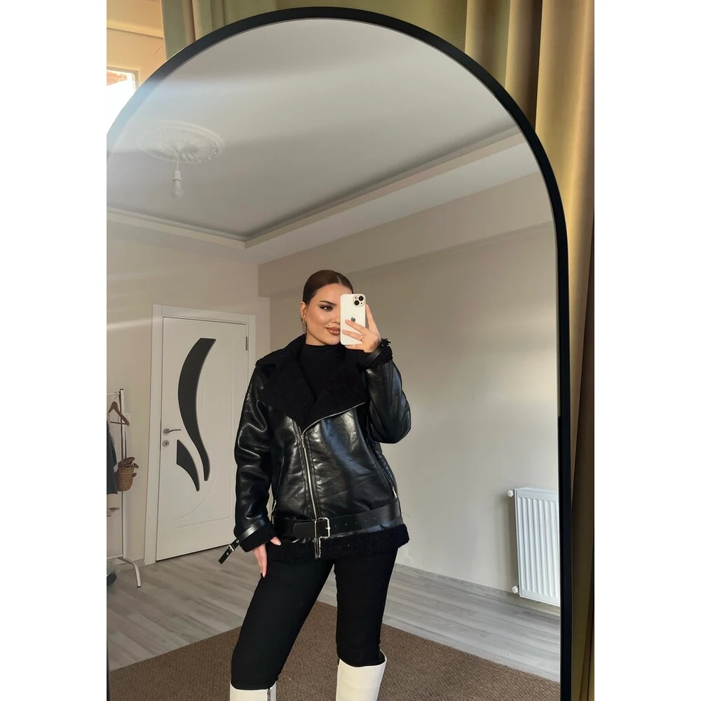 uzun deri biker mont siyah