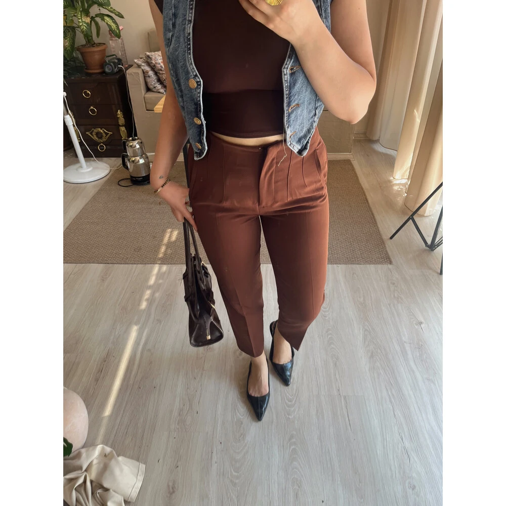 Zara model yüksek bel kumaş pantolon kahverengi