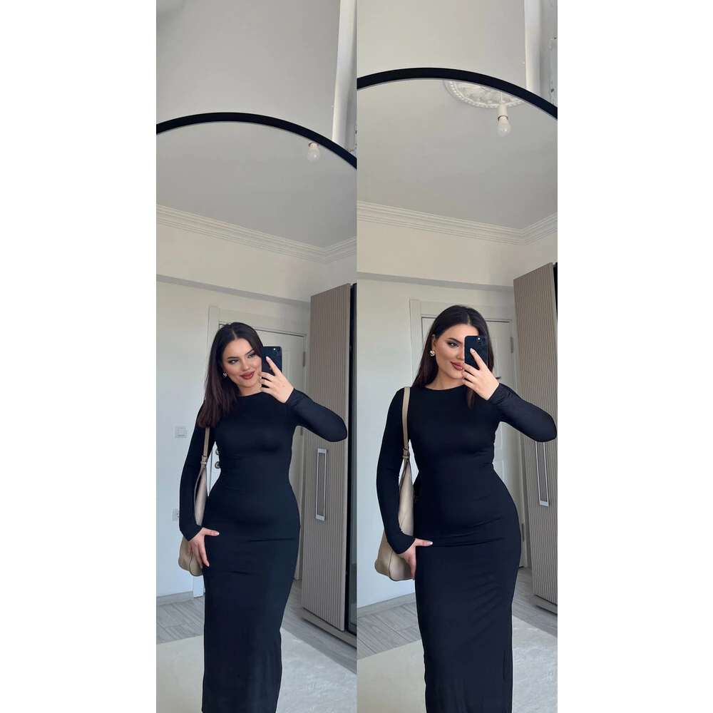 Siyah uzun kol maxi elbise