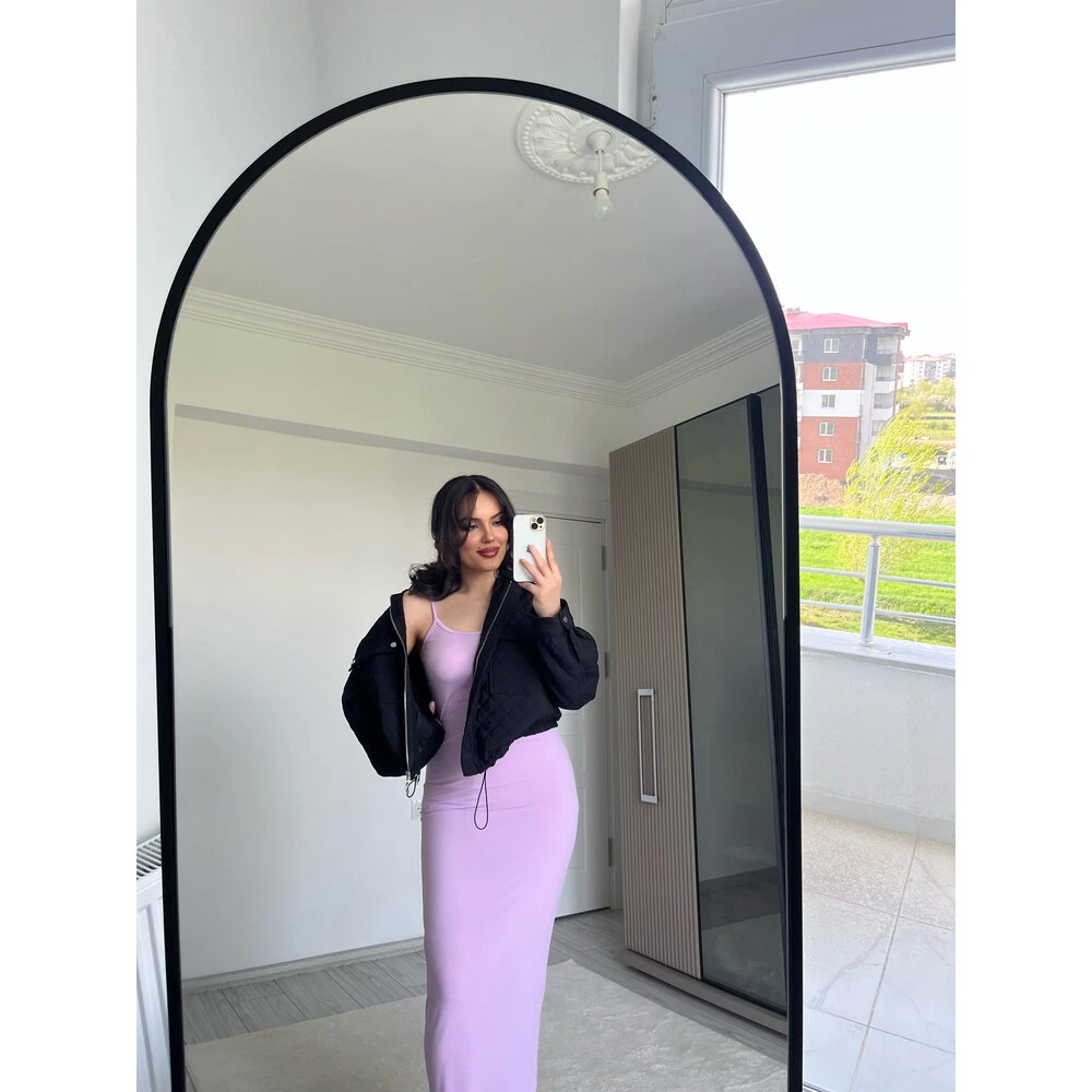 Basıc askılı uzun elbise lila