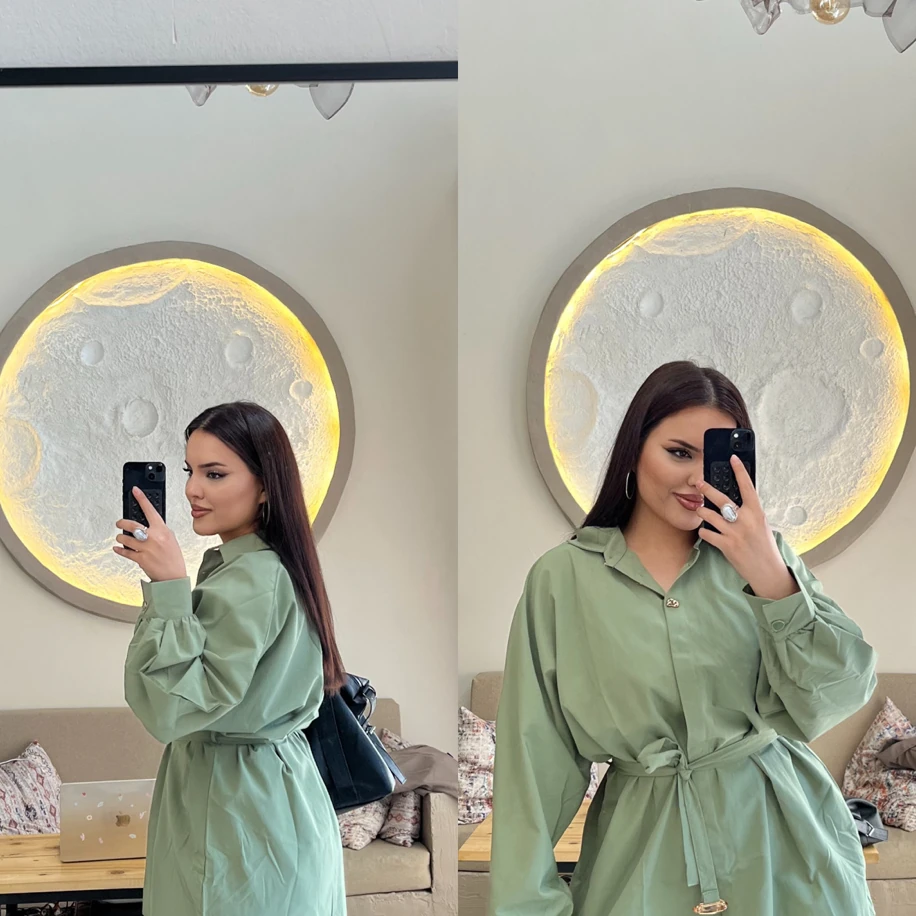 Bel kuşak detaylı gömlek haki