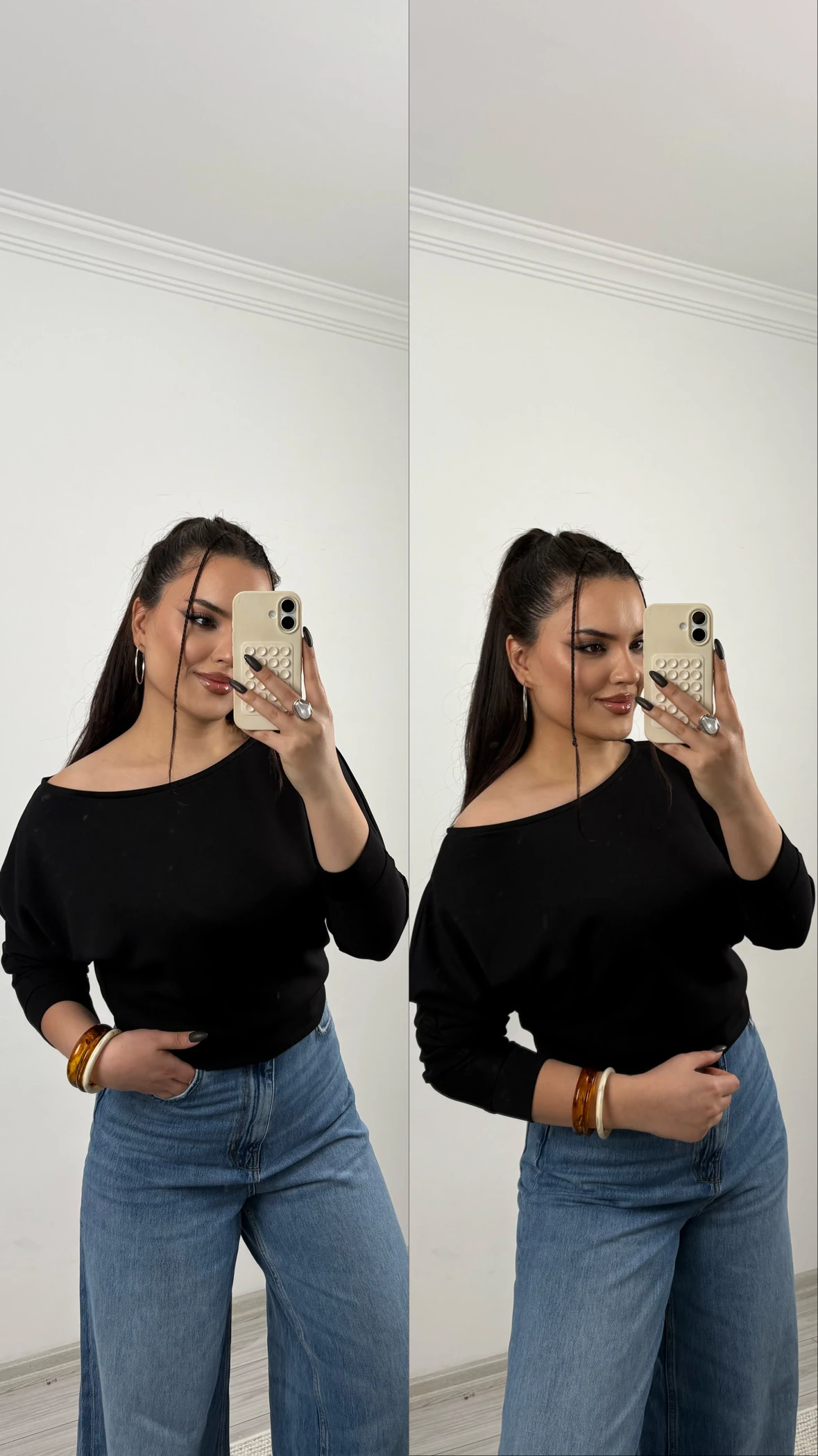 düşük omuz bluz siyah