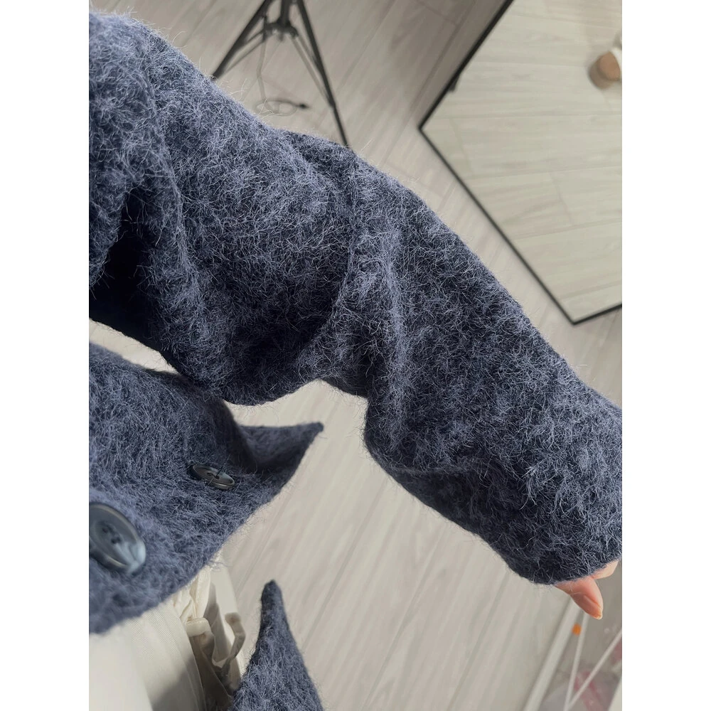 Buklet kaşe yün ceket lacivert