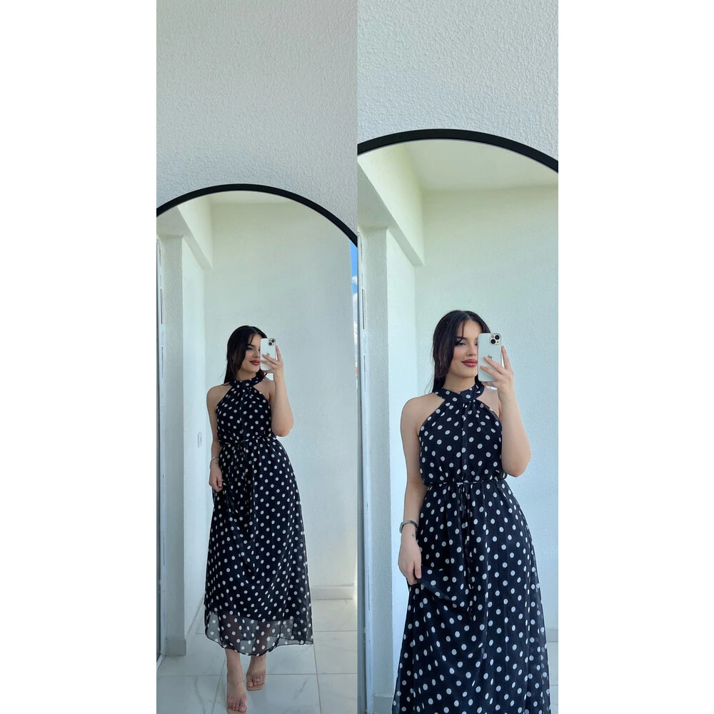 Siyah halter yaka puantiyeli elbise