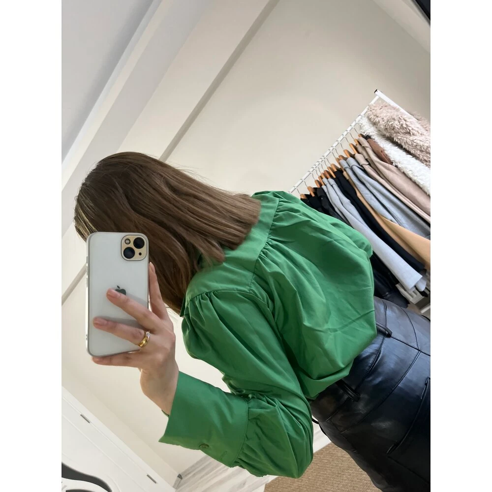 Büzgülü poplin gömlek yeşil