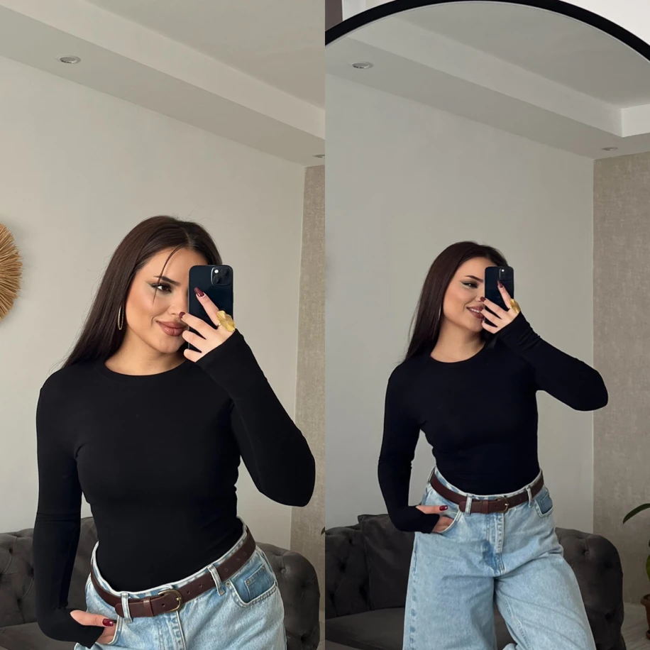 Bisiklet yaka oys uzun kol parmak geçmeli body siyah